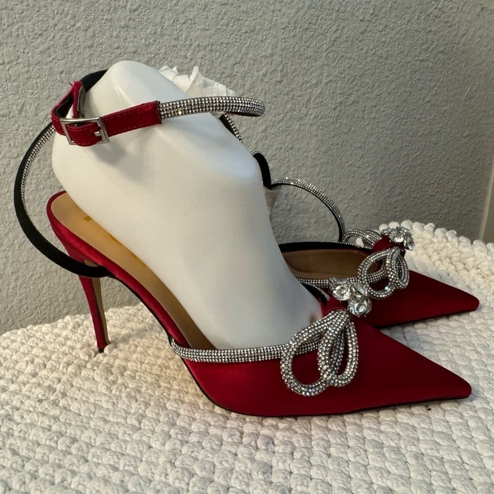 Elegant Red Stiletto Heels with Rhinestone Bow Accents